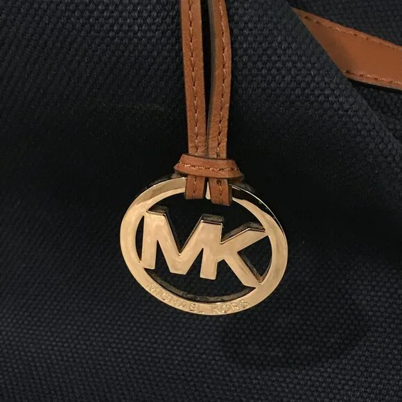 Michael Kors Tote Bag Womens Large Blue Canvas Leather Shoulder Purse MK Charm - Picture 4 of 14